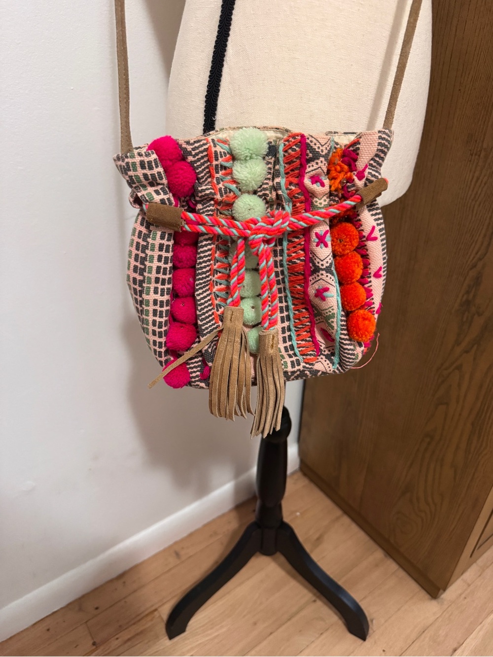 Boho Pom-Pom Crossbody Bag in Pink & Orange